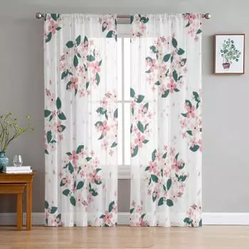 Розовые цветы Зеленые листья Прозрачная занавеска для гостиной Спальня Вуаль Шторы для окна Органза Шторы Праздничные тюль Шторы 135W x 114H(cm)