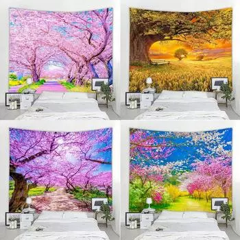 Pink Flowers Park Tapestry Office Living Room Decoration Home Wall Tapestry 100x75cm