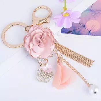Pink Gifts Bow Pendant Rose Flowers Gold Color Tassel Keychain Key Chain Key Ring розовый