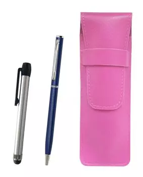 Pink grained leather pen case with a silver pen and a slim rotating ballpoint pen set metal-touch (blue) (SASP-ALST-PD04-L)