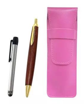 Pink grained leather pen case with a silver pen and a brown wooden retro ballpoint pen set metal-touch (SASP-ALST-HS48S)