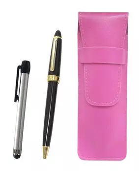 Pink grained leather pen case with a Metal Touch Silver pen and a Neo ballpoint pen set D-600 (black) (SASP-ALST-600B-B)