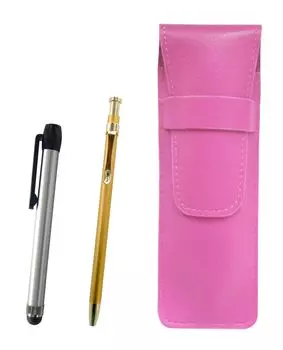 Pink grained leather pen case with a silver metal touch pen holder and a slim 60 gold ballpoint pen set (SASP-ALST-SV60KBP)