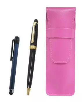 Pink grained leather pen case with blue metal touch stick and Neo ballpoint pen black D-600 set, (SASP-ALL-600B-B)
