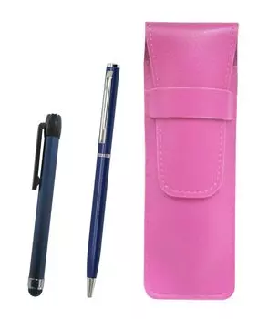 Pink Grained Leather Pen Case with Blue Metallic Touch Stick and Slim Rotating Ballpoint Pen Set Two-Pack (Blue) (SASP-ALL-PD04-L-2)
