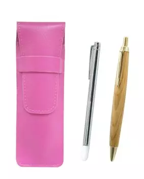 Pink grained leather pen case with metal pointer and retro maple ballpoint pen set (SASP-701S-HS47S)