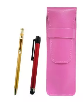 Pink grained leather pen case with red metal touch stick and slim 60 gold ballpoint pen set (SASP-ALR-SV60KBP)