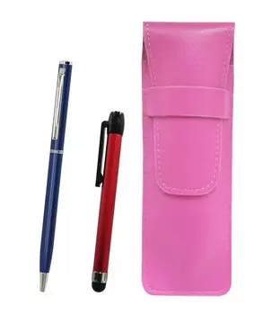 Pink grained leather pen case with red metal touch stick and slim rotating ballpoint pen set (blue) (SASP-ALR-PD04-L)