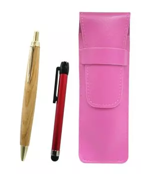 Pink grained leather pen case with red metal touch stick and retro maple wood shaft ballpoint pen set (SASP-ALR-HS47S)