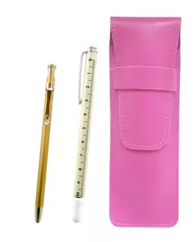Pink grained leather pen case with slide measuring stick and slim 60 gold ballpoint pen set (SASP-708W-SV60KBP)