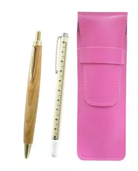 Pink grained leather pen case with slide measuring stick and retro maple ballpoint pen set (SASP-708W-HS47S)