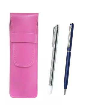 Pink grained leather pencil case with metal pointer and slim rotating ballpoint pen set, blue, SASP-701S-PD04-L-2, 2-pack