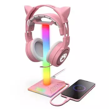 Pink Headset Stand RGB Gaming Headphone Holder Bracket with USB Ports Touch Control Light Desktop Earphone Hanger Display Rack