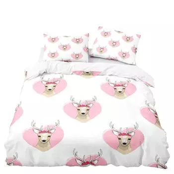 Pink Hearts Print Bedding Set 3D Light Brown Reindeer Duvet Cover with Pillowcase,Sweet White Set for Double Queen King Size 70x133cm 2pcs