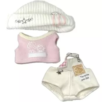 Pink Knit and Overalls Set for 10cm Plush Kigurumi Otaku Doll Doll Costume Hat, Shirt, Toy, Accessories, Activities, Mascot, K-Pop [Used] розовый