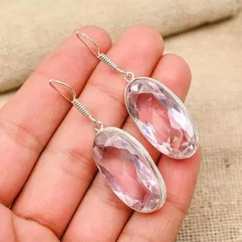 Pink Kunzite Gemstone Handmade Solid 925 Sterling Silver Earring Jewelry Gift For Love