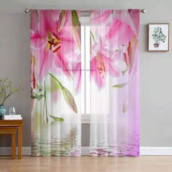 Pink Lily Flower Reflection Water WaveTulle Curtains For Living Room Modern Yarn Voile Window Drapes Sheer for the Bedroom W135 x H114cm
