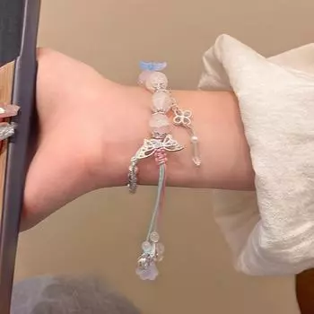 Pink Lotus & Butterfly Charm Bracelet with Cherry Blossoms - Ethnic Style, Light Luxury Beaded Jewelry for Women S633 серебряный