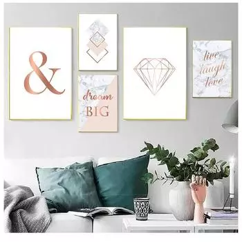 Pink Marble Posters and Prints Gray Rose Gold Canva Painting Wall Art Ampersand Diamond Modern Pictures Living Room Decoration 21X30cm No Frame