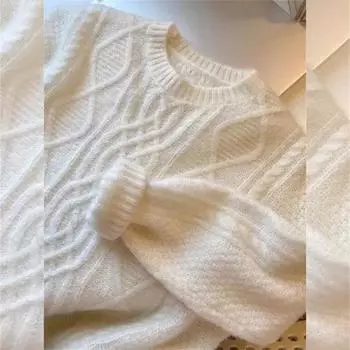 Розовый мохеровый свитер женский осенне-зимний утолщенный мягкий восковой круглый вырез вязаный внутри маленький ленивый свободный топ XS