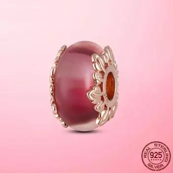 Pink Murano Glass & Leaves Charm 925 Sterling Silver Glass Beads Fit Fashion Beads Bracelet DIY 925 Silver Jewellery Making