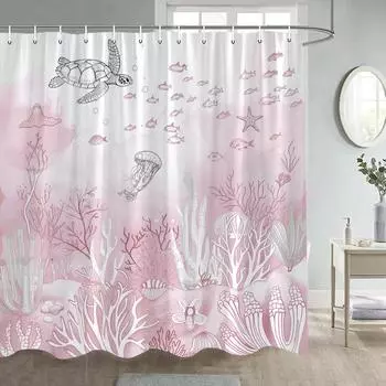 Pink Nautical Shower Curtain Sea Turtle Ocean Animal Coral Undersea Summer Modern Polyester Bath Curtain with Hook Home Decor 90x180cm-35x70in