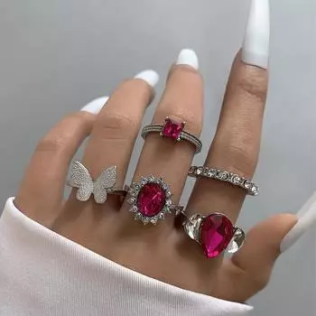 Pink oil dripping mushroom star ring set Butterfly love diamond palm ring seven-piece set