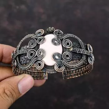 Pink Opal Bangle Copper Wire Wrapped Cuff Bracelet Adjustable Bangle Copper Wire Jewelry Gemstone Bangle Gift For Mom Handmade Cuff Bracelet