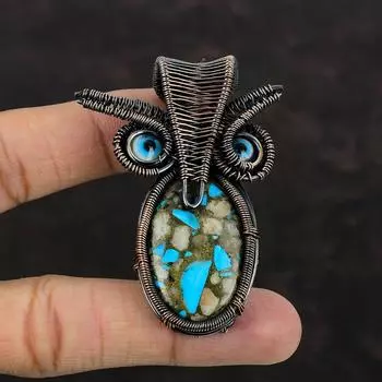 Pink Opal Copper Turquoise Pendant Blue Color Evil Eye Pendant Copper Wire Wrapped Pendant Gemstone Owl Pendant Handmade Copper Wire Jewelry