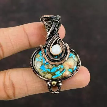 Pink Opal Copper Turquoise Pendant Copper Wire Wrapped Gemstone Pendant Handmade Pendant Copper Wire Wrap Jewelry Rainbow Moonstone Pendant