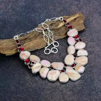 Розовый опал, ожерелье с красным гранатом, драгоценные камни, 925 пробы, ожерелье ручной работы, украшения на День памяти Adjustable with 18 inches розовый