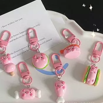 Pink Pig Hamburger Pig Animal Keyring Resin Pig Food Keychain Pink Pig Metal Keychain Kids 4