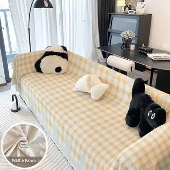 Pink Plaid Universal Sofa Cover Cloth All Year Round Neutral Non Slip Cartoon Sofa Cover New Arrival Cute Fabric Combination Cover Paragraph A(Yellow Square) Fixed width 90*90cm