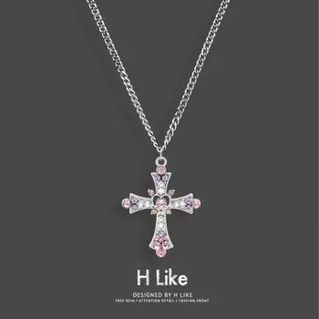 Pink Purple Diamond Cross Necklace Pendant Titanium Steel Snake Bone Short Sweater Chain Men s and Women s Elegant Style Accessories Square chain 60cm +5cm pink purple diamond cross