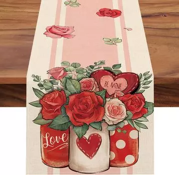 Pink Red Rose Linen Table Runner Be Mine Mason Jar Flower Love Heart Kitchen Dining Table Decor Wedding Holiday Home Party Decor 150x33cm 59x13inch