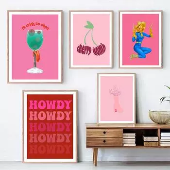 Pink Retro Minimalism Art Prints Poster Surreal Cocktail Canvas Painting Howdy Cowgirl Wall Pictures Living Room Bar Home Decor 21x30cm No Framed