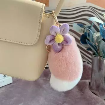 Pink Rex Rabbit Fur Tail Pendant Flower Genuine Fur Toys Keyring Animal Tail Keychain Handbag розовый