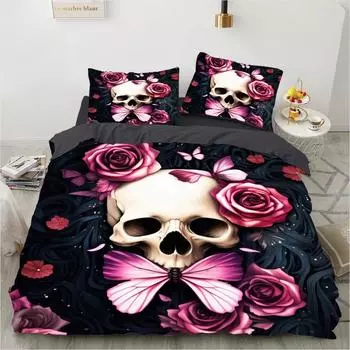 Pink Rose Skull Duvet Cover Set Twin Single Queen King Size Halloween Bedding set Teen Adult Kids Children Bed Linen Qulit Cover US Full 200x230cm