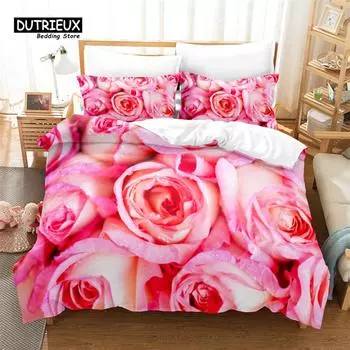 Pink Roses Bedding Set, 3Pcs Duvet Cover Set, Soft Comfortable Breathable Duvet Cover, For Bedroom Guest Room Decor EU single(135x200cm)