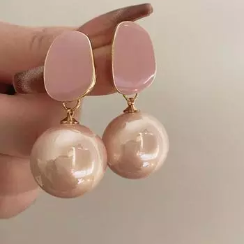 Pink Round Big Imitation Pearl Drop Earrings for Female Elegant Temperament Women French Earrings Hanging Mermaid Princess Style Ear Jewelry ARI