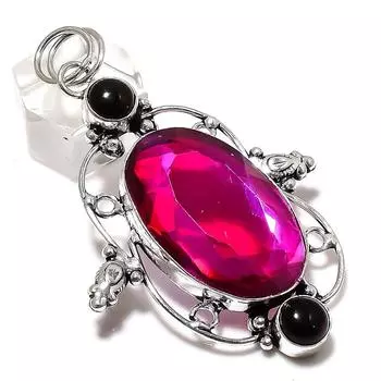 Подвеска из стерлингового серебра 925 пробы с розовым рубиллитом, ониксом, 2,80 дюйма, g5S77
