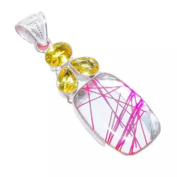 Pink Rutile Quartz, Citrine Gemstone 925 Sterling Silver Jewelry Pendant 2.5 AH-3291 2.17 розовый
