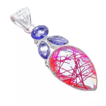 Pink Rutile Quartz, Tanzanite 925 Sterling Silver Jewelry Pendant 2.5 AH-3278 2.17 розовый