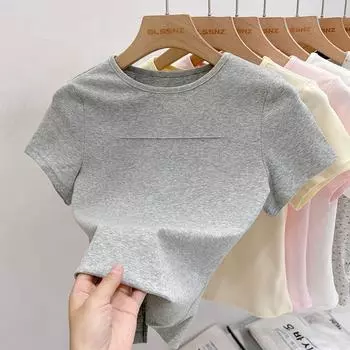 Pink Shoulder Short sleeve T-shirt Women 2025 New High Sense Solid Slim fit Versatile Short Top Half Sleeve T-shirt Gray thin round neck S