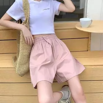 Pink Small Person Design Summer Wide-leg Shorts for Women Elastic High Waist One-button Casual Sports Pants for Women S