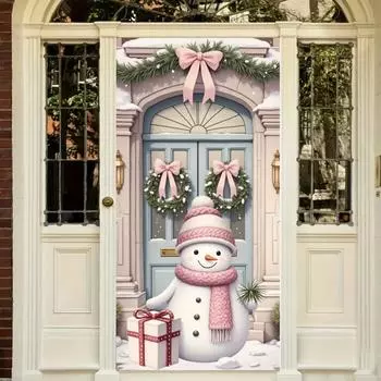 Pink Snowman Linings For Christmas Doors Xmas Door Cover Outdoor Garden Front Door Decoration New Year 2025 Xmas Party Supplies