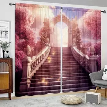 Pink Staircase Painting Printed Curtain for Home Decor - Rod Pocket Window Treatment for Bedroom, Kitchen, Living Room 52.5cmX116cm X 2pcs