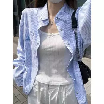 Pink Stripe Shirt Shirts Outerwear Women Spring 2025 New French style Design Shirt Casual Loose Top Blue 2XL