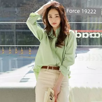 Pink Stylish Niche Style Basic Style Long Sleeves Shirt Green S