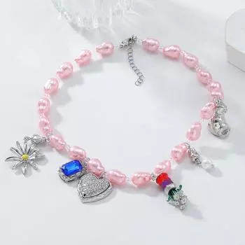 Pink Sunflower Love Bell Charm Necklace with Beaded Elements розовый